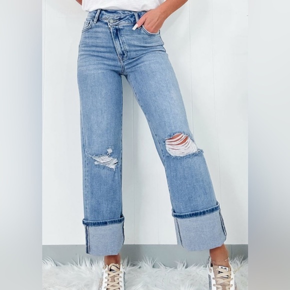 Denim - Blue Cuffed Distressed Women Jeans